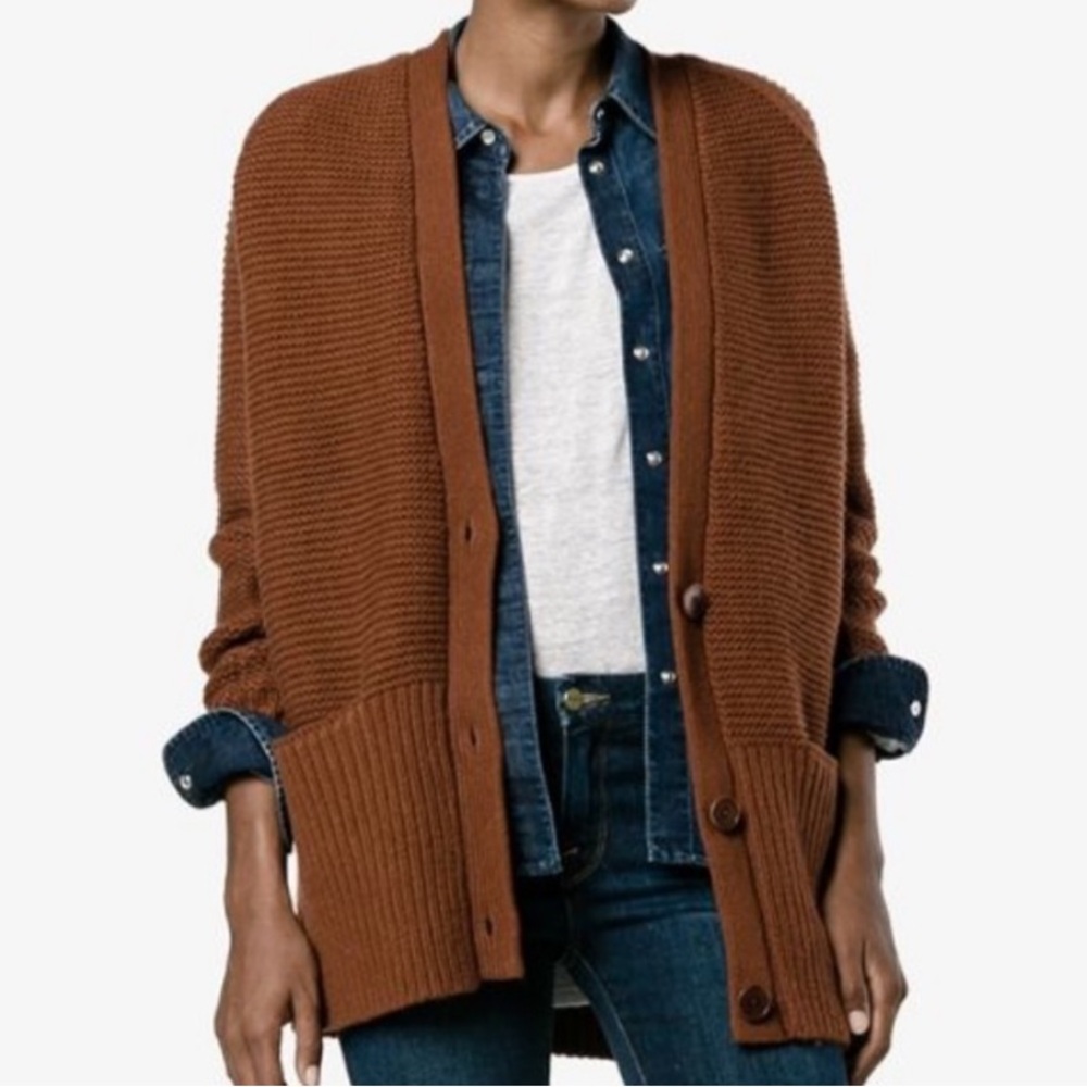 Vince Chunky Knit Wool Cashmere V-Neck Cardigan Sweater - Rust Orange, Size M - Picture 2 of 15